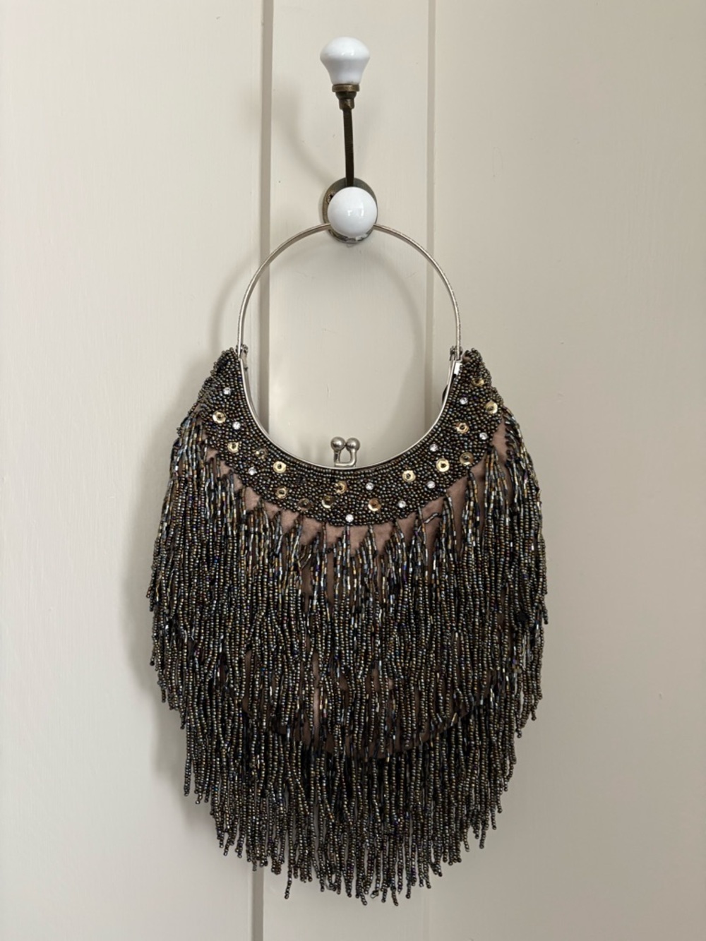 Olive green beaded fringe clutch